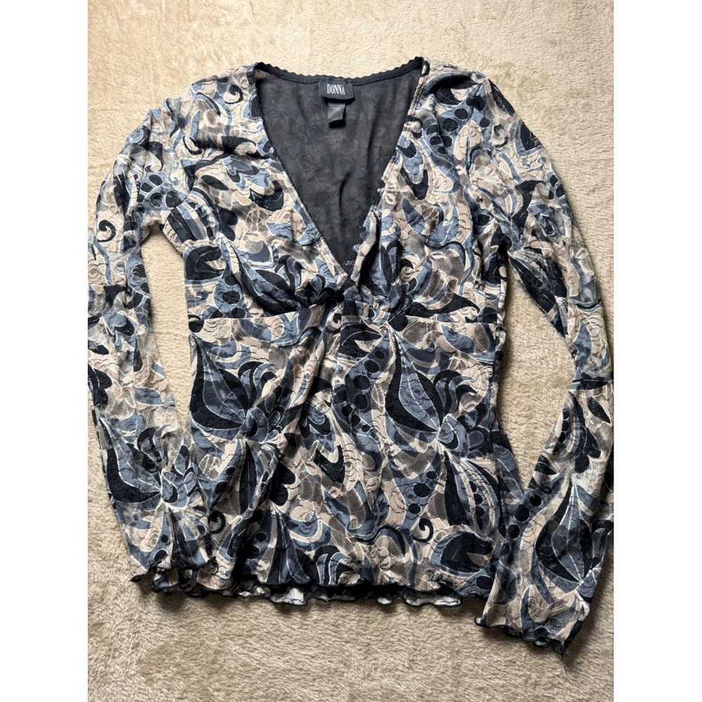 Donna  Abstract Floral Mesh Long Sleeve Top Ruffle Trim Small Office Siren y2K